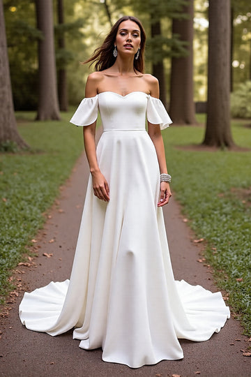 Simple White A Line Sweep Train Wedding Dress with Ruffles